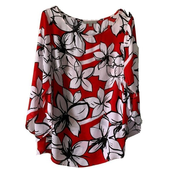 Valerie Stevens Top Sheer Red White Floral Print Size Large - Picture 1 of 6